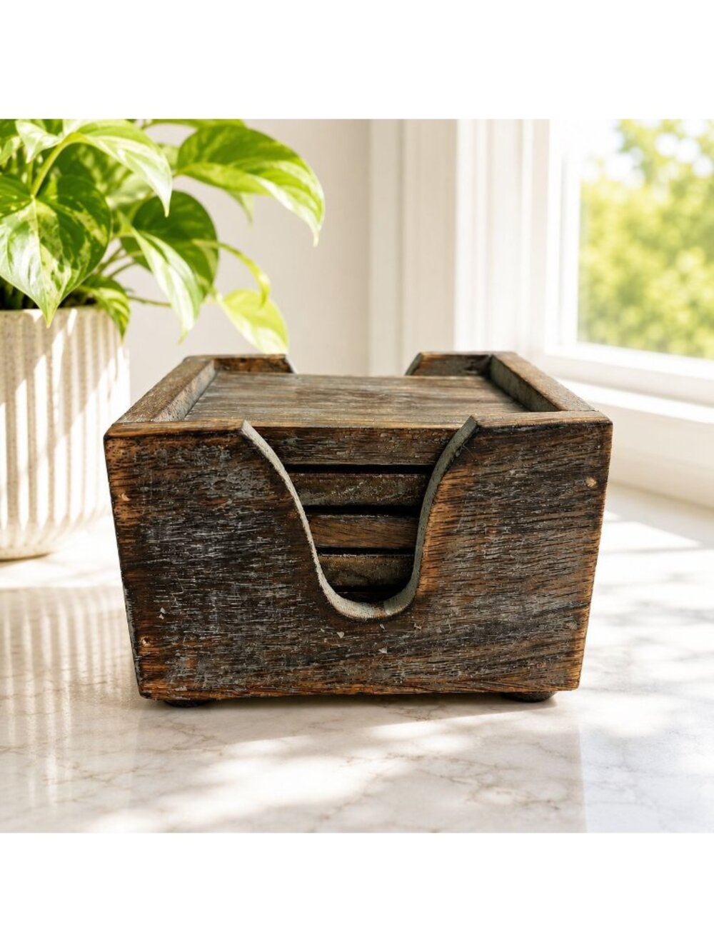 Rustic Wooden Coaster Set With Holder 4 Coasters Distressed Finish Made In India